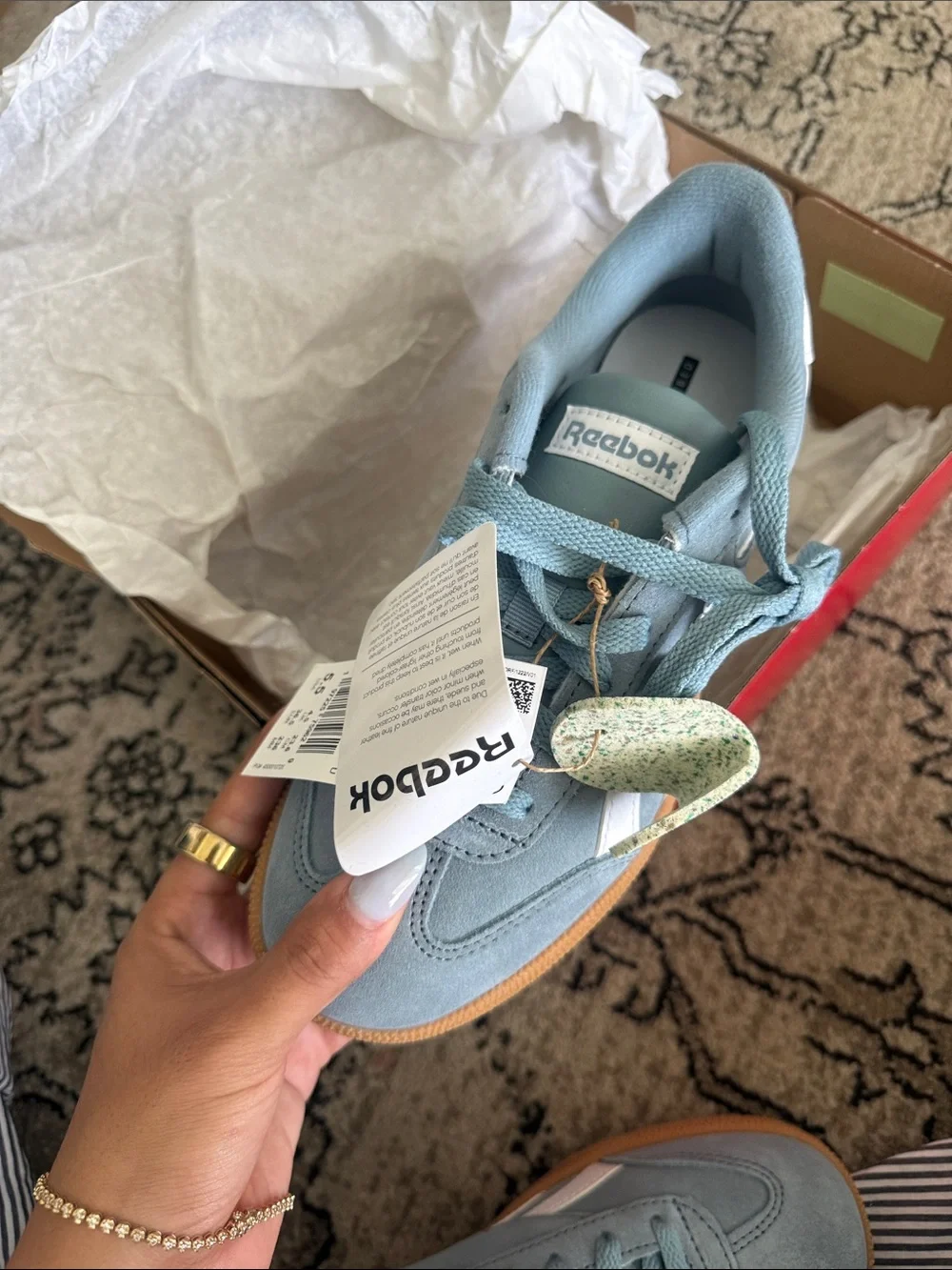 Reebok Classic Suede Sneakers in Light Blue and White with Gum Sole